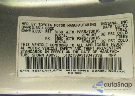 2001 Toyota Sequoia Limited z USA, uszkodzony, nr VIN 5TDZT38A31S047339
